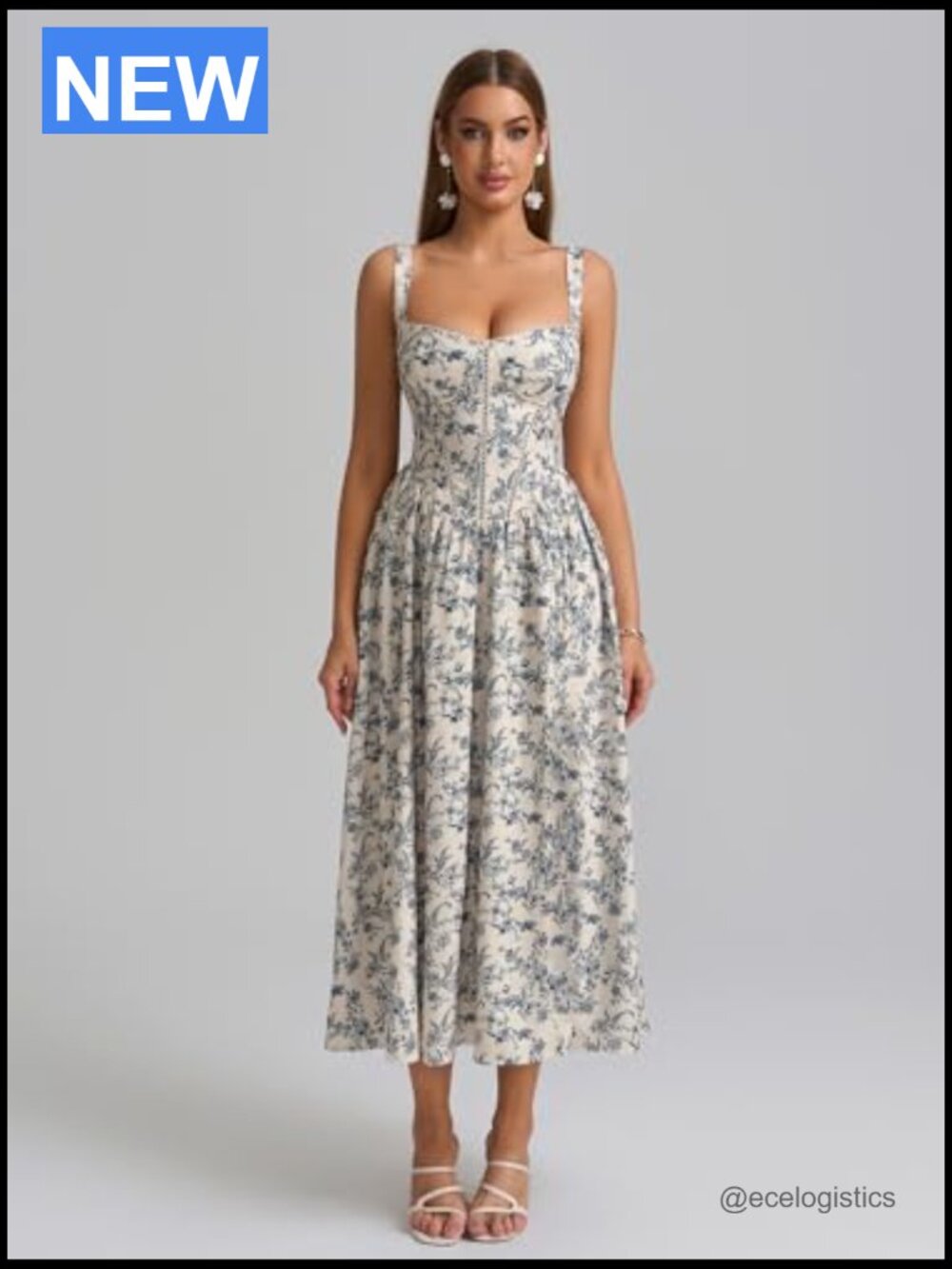 Floral Corset Midi Dress Flowy with Pockets Smocked Back Slit Wedding Guest - Picture 4 of 7